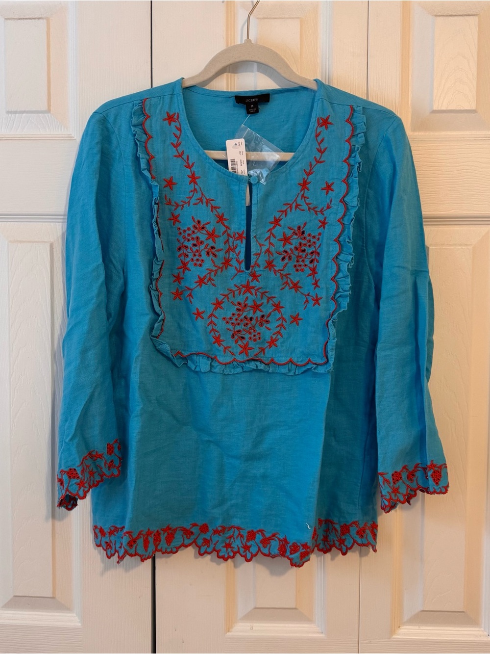 J. Crew Turquoise Tunic with Red Floral Embroidery